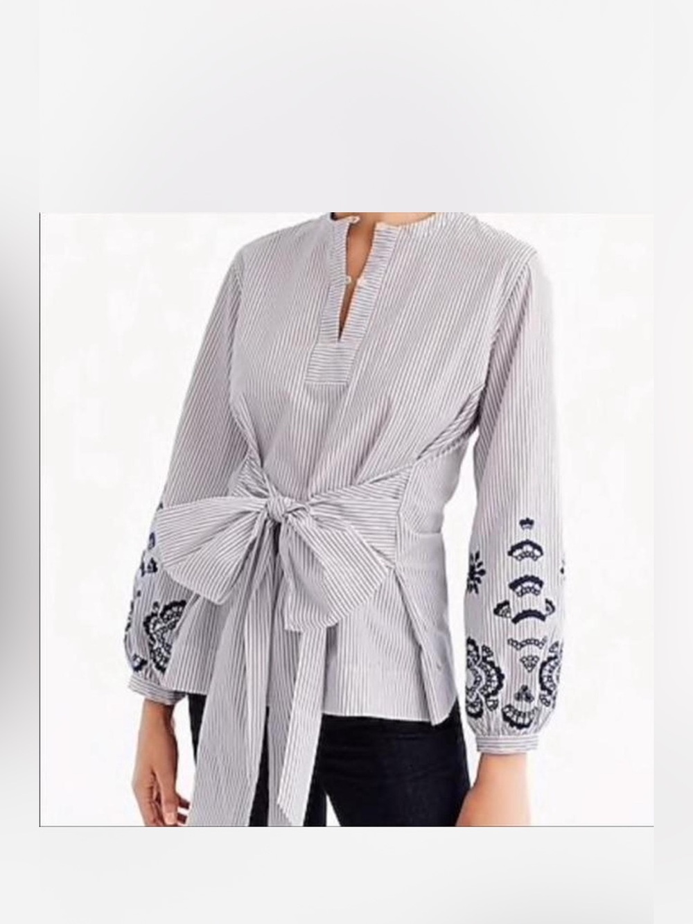 J. Crew Striped Tie-Waist Blouse with Navy Embroidery